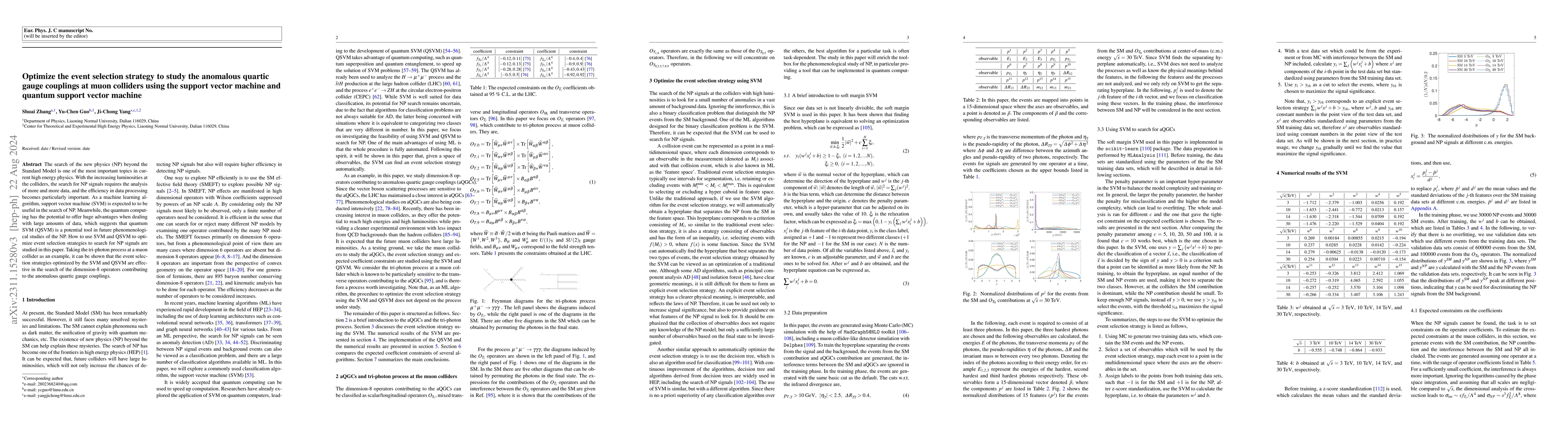 Thumbnail for Optimize the event selection strategy to study the anomalous quartic
  gauge couplings at muon colliders using the support vector machine and
  quantum support vector machine