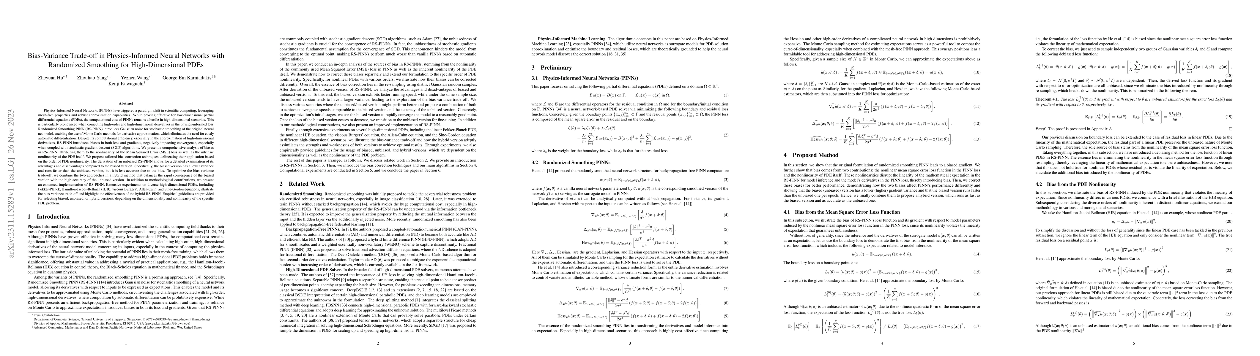 Thumbnail for Bias-Variance Trade-off in Physics-Informed Neural Networks with
  Randomized Smoothing for High-Dimensional PDEs