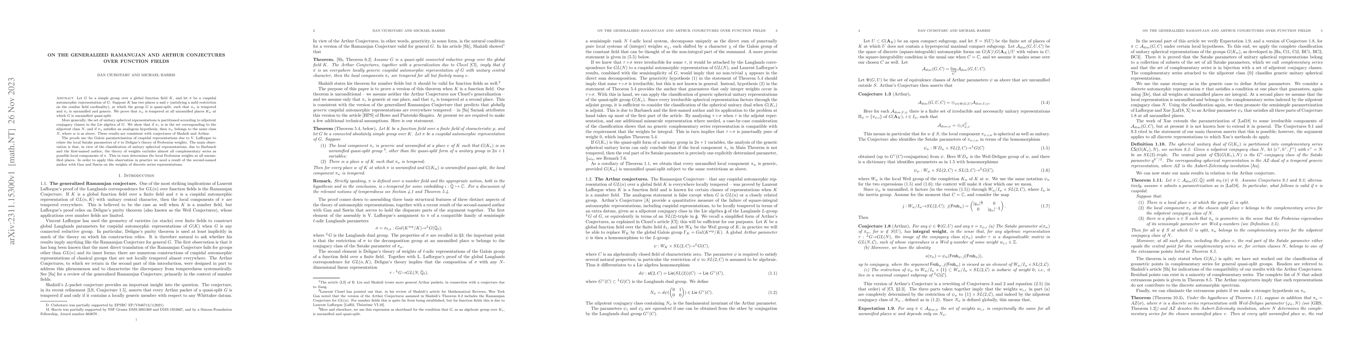 Thumbnail for On the generalized Ramanujan and Arthur conjectures over function fields