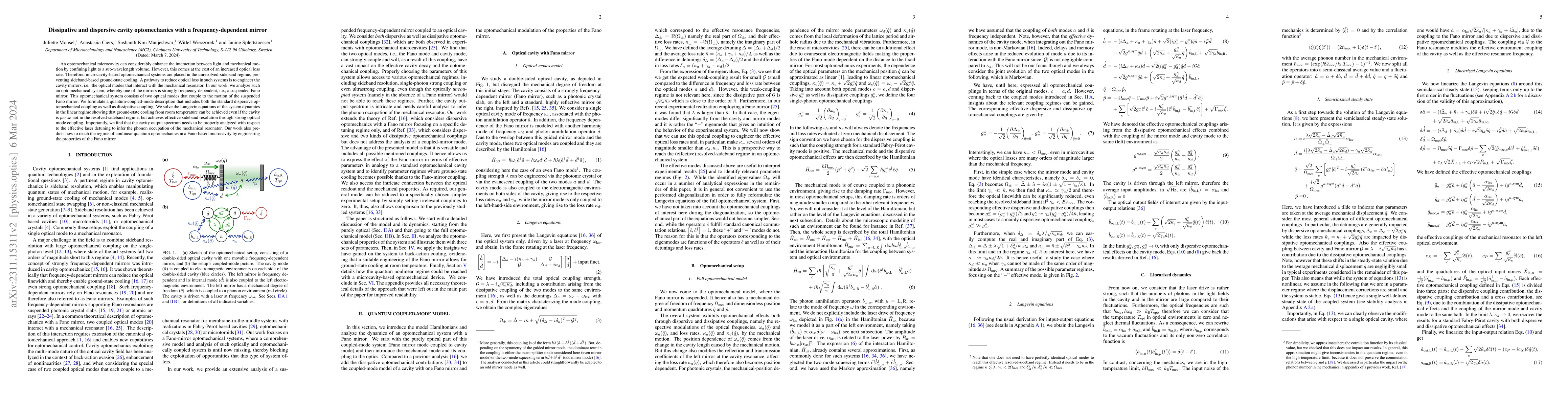 Thumbnail for Dissipative and dispersive cavity optomechanics with a
  frequency-dependent mirror