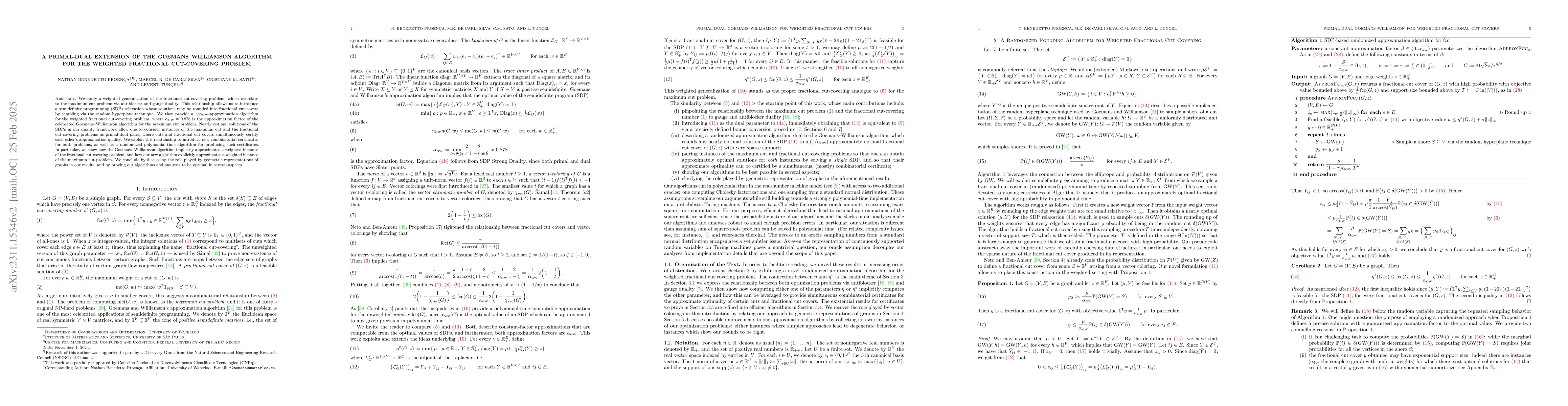 Thumbnail for A Primal-Dual Extension of the Goemans--Williamson Algorithm for the
  Weighted Fractional Cut-Covering Problem