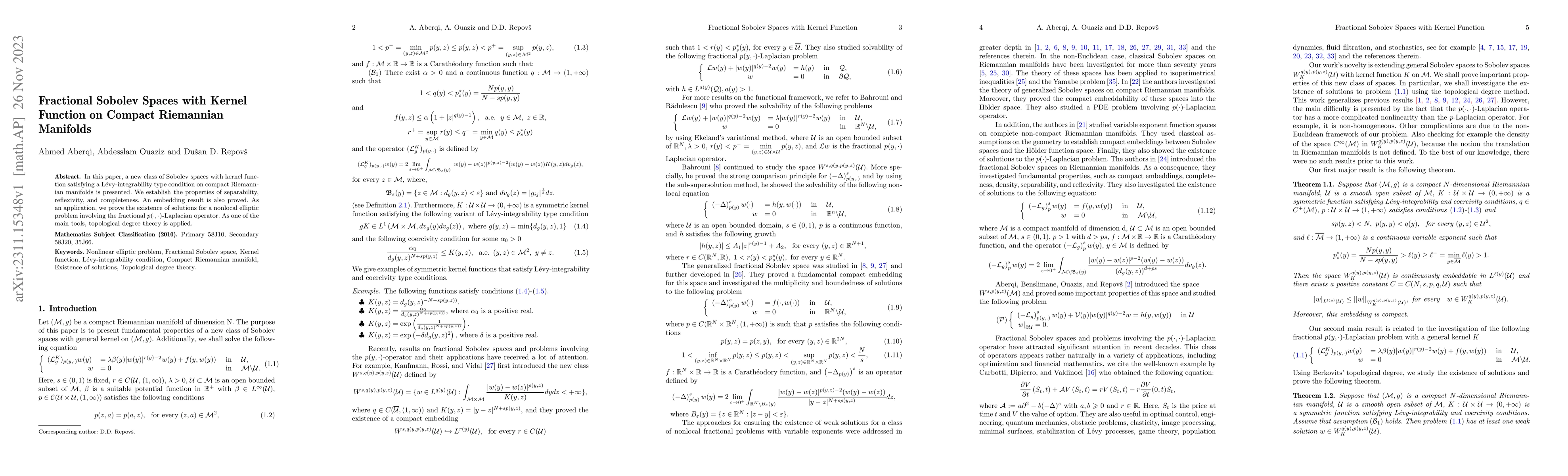 Thumbnail for Fractional Sobolev spaces with kernel function on compact Riemannian
  manifolds