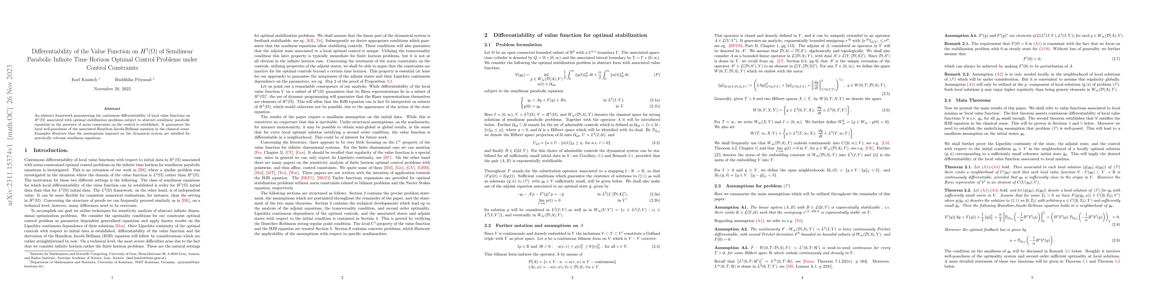 Thumbnail for Differentiability of the Value Function on $H^1(\Omega)$ of Semilinear
  Parabolic Infinite Time Horizon Optimal Control Problems under Control
  Constraints