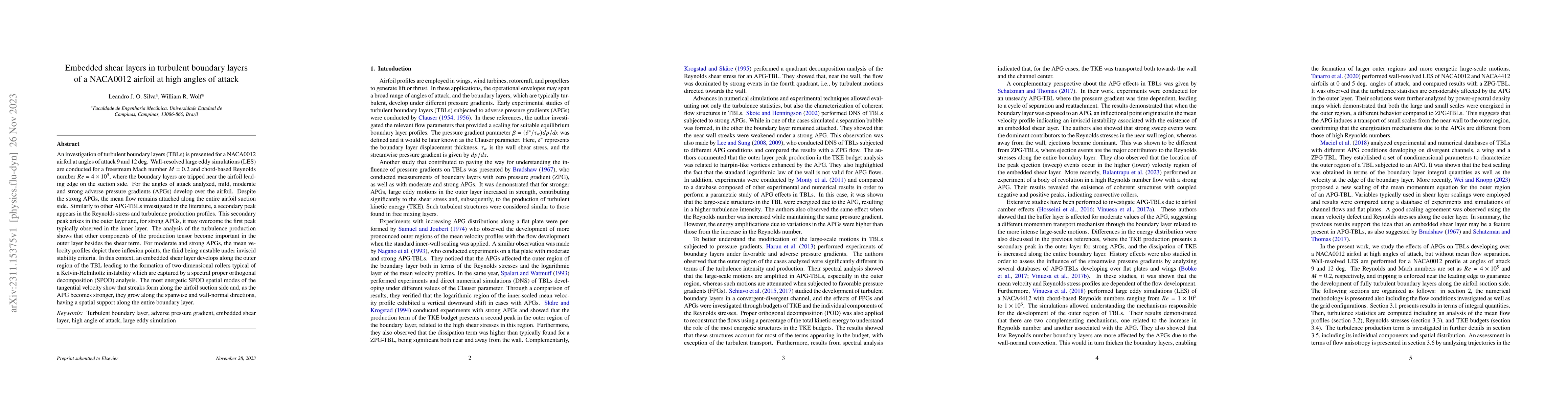 Thumbnail for Embedded shear layers in turbulent boundary layers of a NACA0012 airfoil
  at high angles of attack