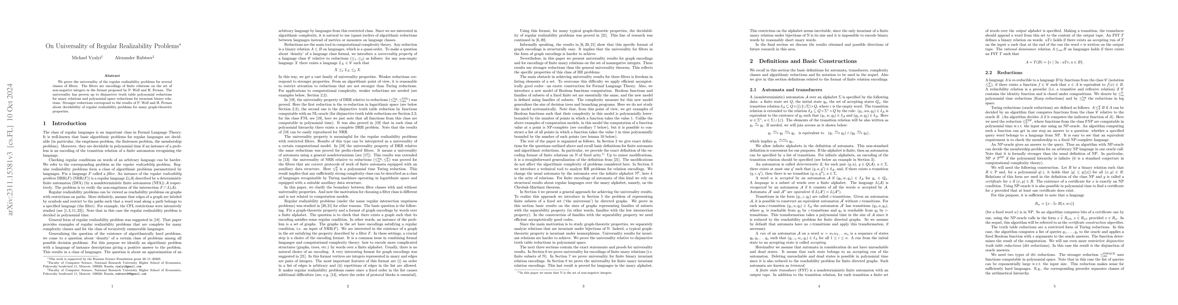 Thumbnail for On universality of regular realizability problems