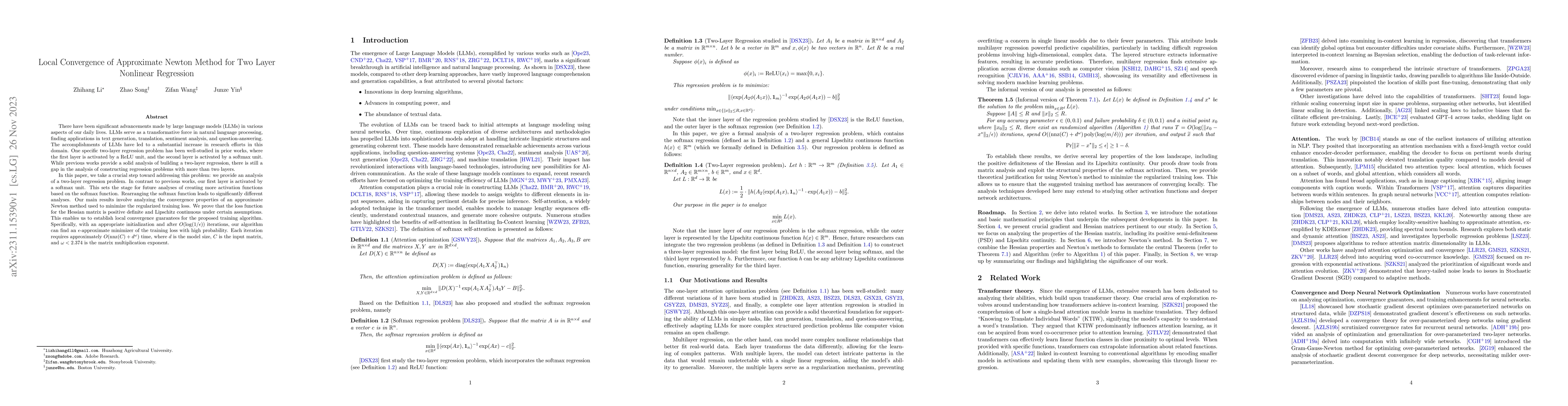 Thumbnail for Local Convergence of Approximate Newton Method for Two Layer Nonlinear
  Regression