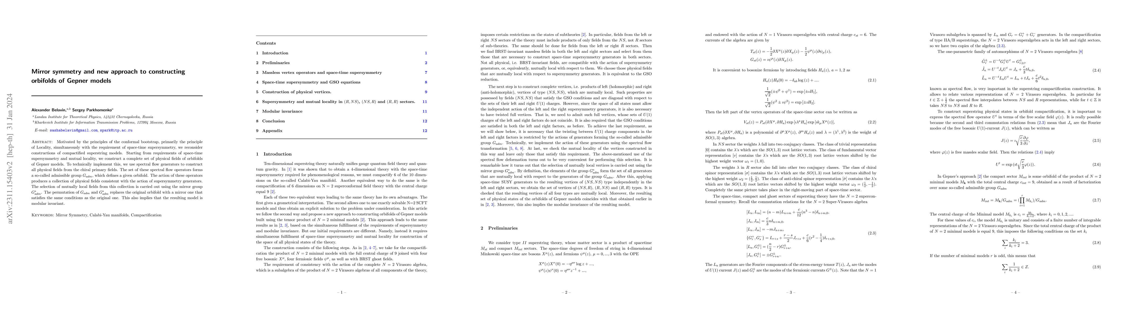 Thumbnail for Mirror symmetry and new approach to constructing orbifolds of Gepner
  models