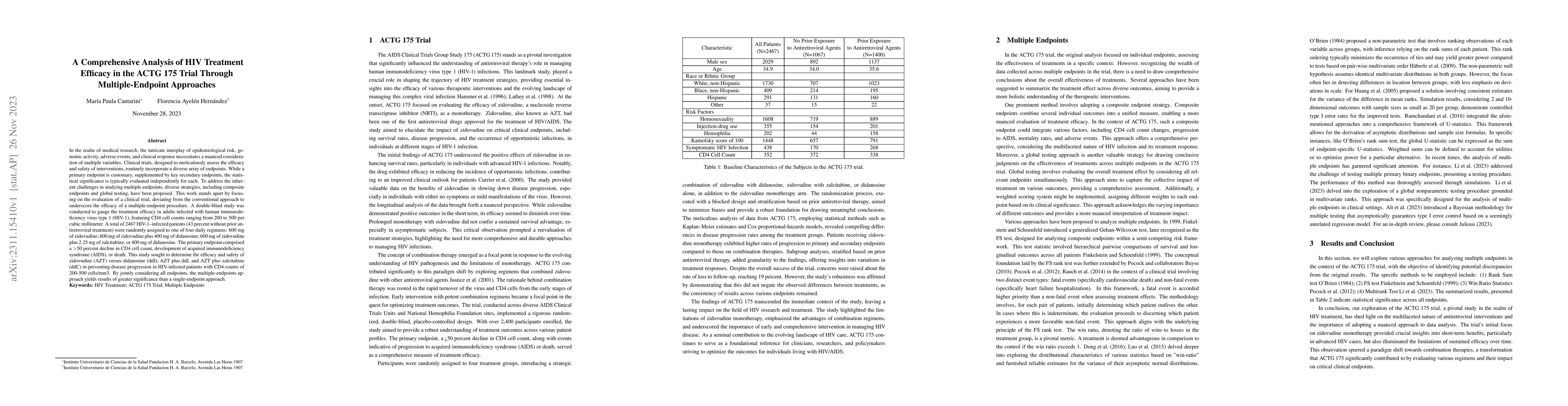 Thumbnail for A Comprehensive Analysis of HIV Treatment Efficacy in the ACTG 175 Trial
  Through Multiple-Endpoint Approaches