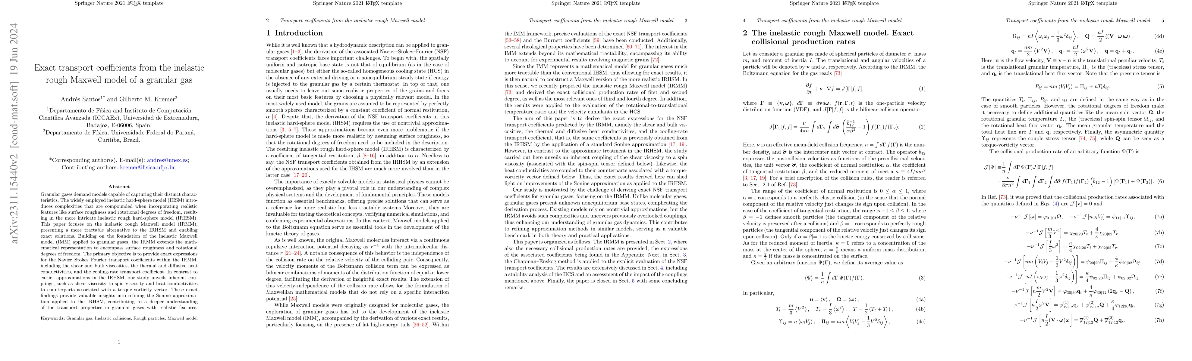 Thumbnail for Exact transport coefficients from the inelastic rough Maxwell model of a
  granular gas