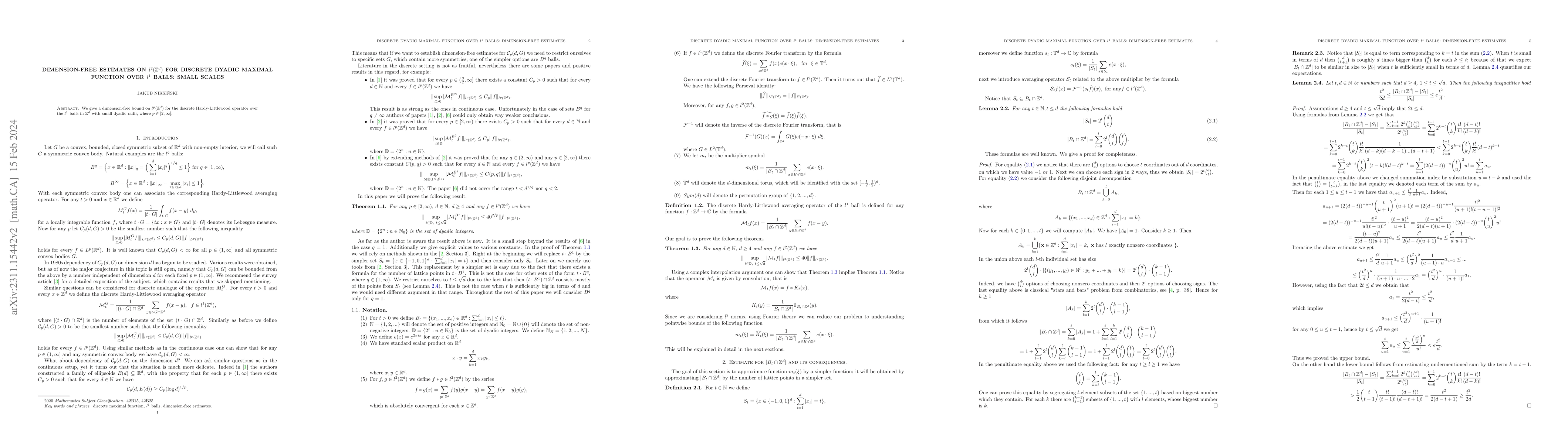Thumbnail for Dimension-free estimates on $l^2 (\mathbb{Z} ^d)$ for discrete dyadic
  maximal function over $l^1$ balls: small scales