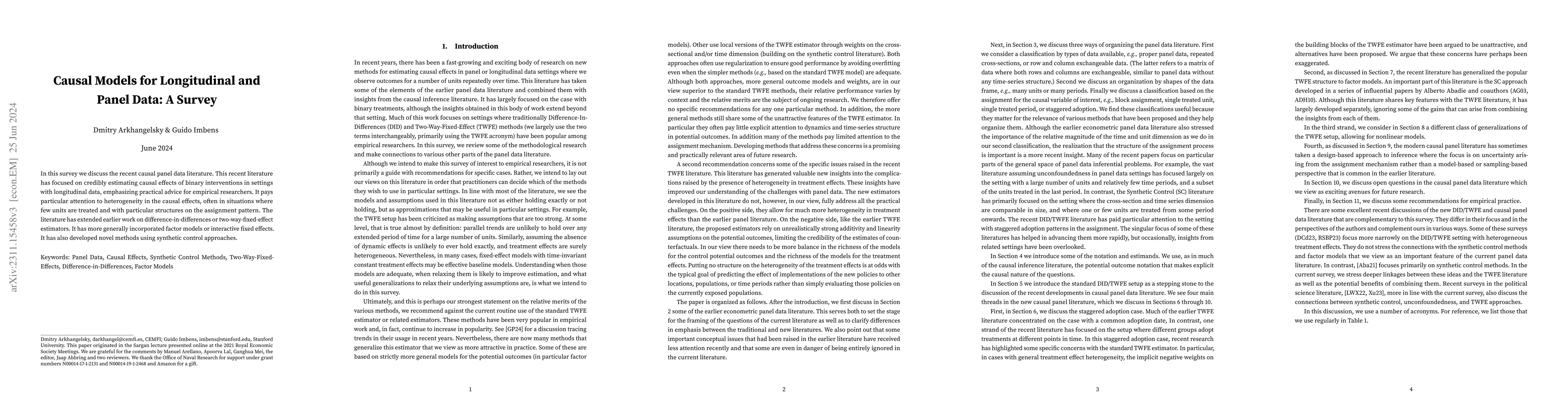Thumbnail for Causal Models for Longitudinal and Panel Data: A Survey
