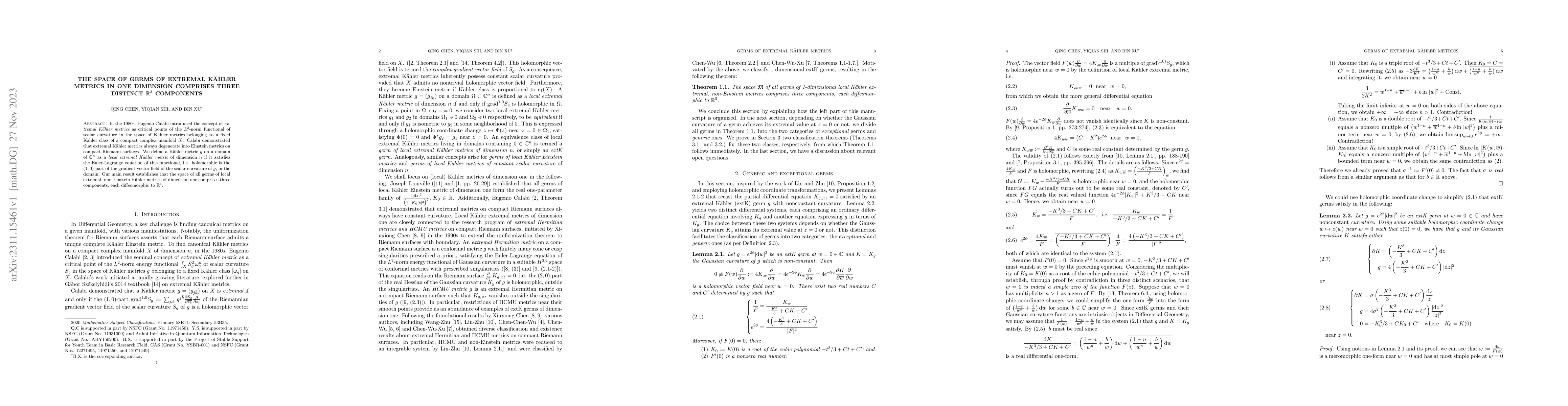 Thumbnail for The space of germs of extremal K\" ahler metrics in one dimension
  comprises three distinct ${\Bbb R}^3$ components