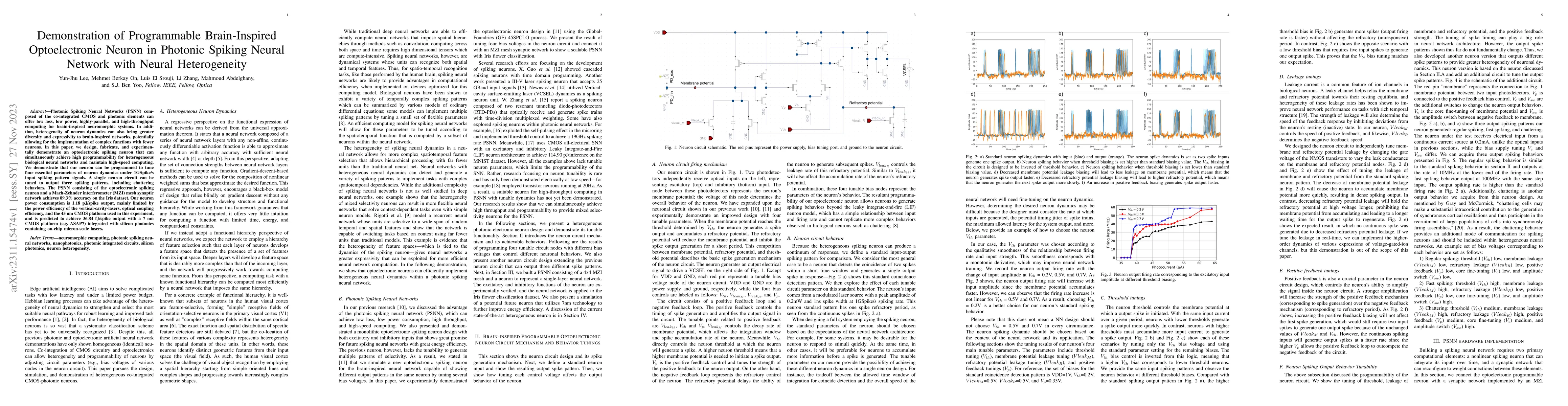 Thumbnail for Demonstration of Programmable Brain-Inspired Optoelectronic Neuron in
  Photonic Spiking Neural Network with Neural Heterogeneity