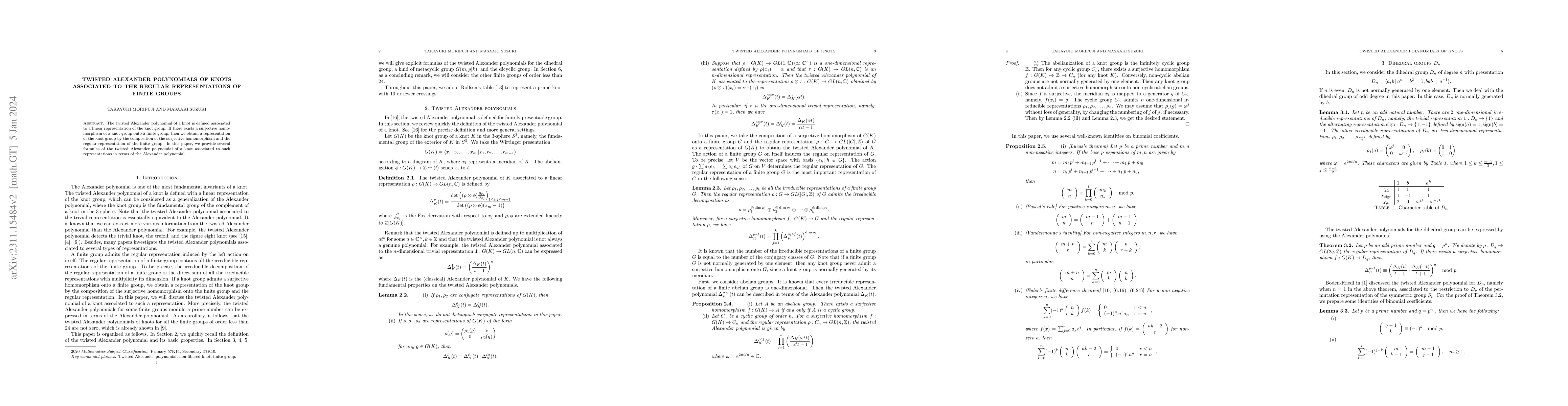 Thumbnail for Twisted Alexander polynomials of knots associated to the regular
  representations of finite groups