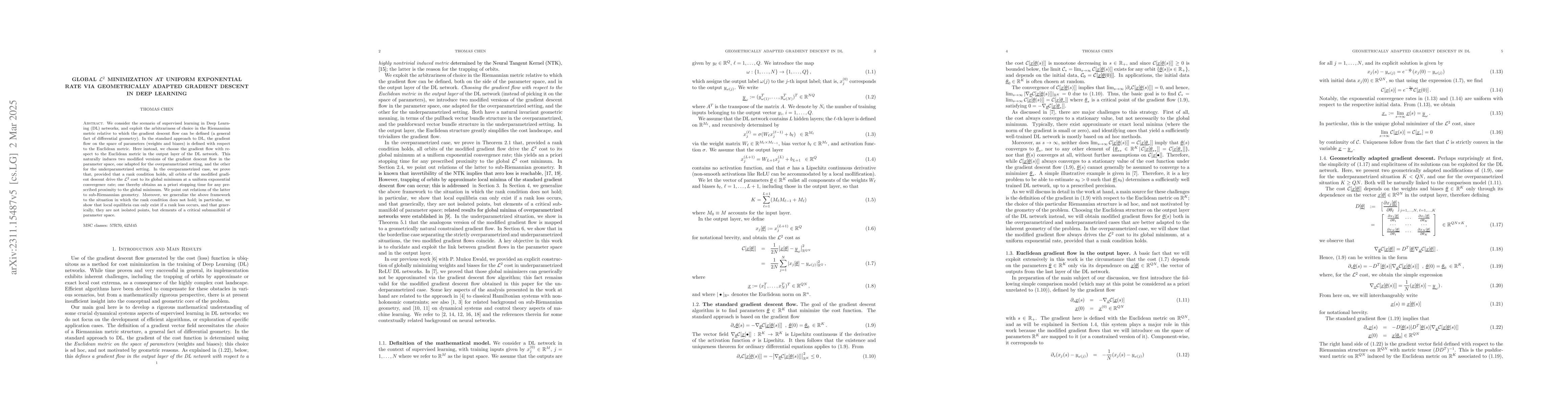 Thumbnail for Global $\mathcal{L}^2$ minimization at uniform exponential rate via
  geometrically adapted gradient descent in Deep Learning
