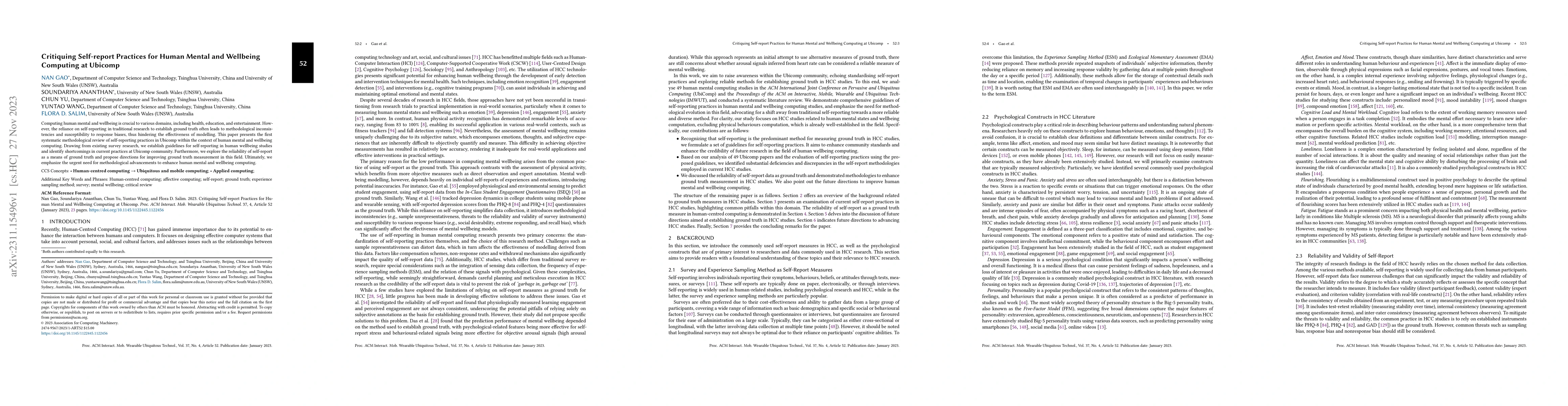 Thumbnail for Critiquing Self-report Practices for Human Mental and Wellbeing
  Computing at Ubicomp