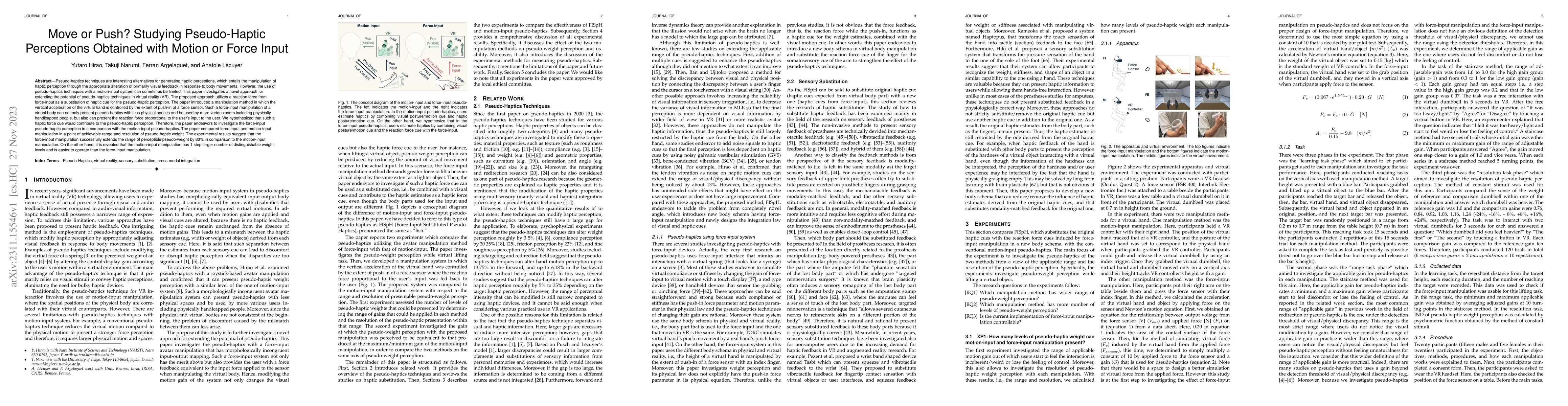 Thumbnail for Move or Push? Studying Pseudo-Haptic Perceptions Obtained with Motion or
  Force Input