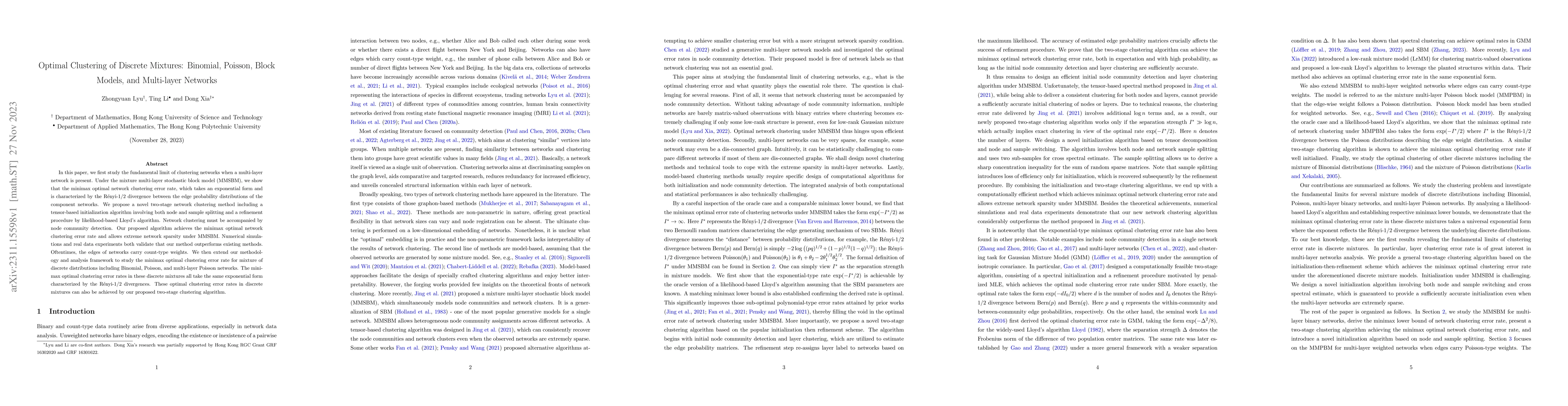 Thumbnail for Optimal Clustering of Discrete Mixtures: Binomial, Poisson, Block
  Models, and Multi-layer Networks