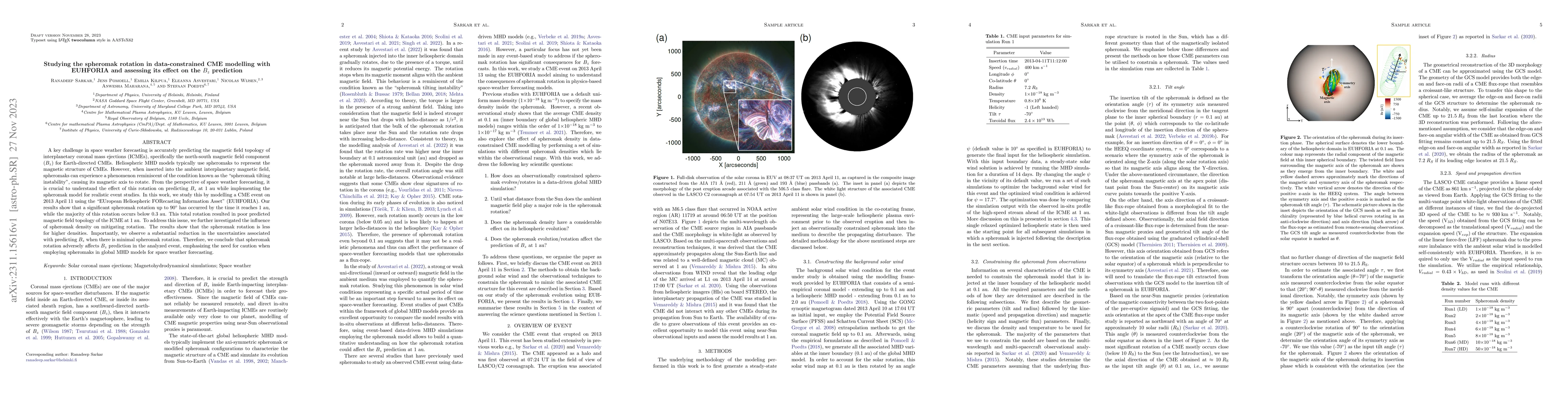 Thumbnail for Studying the spheromak rotation in data-constrained CME modelling with
  EUHFORIA and assessing its effect on the Bz prediction