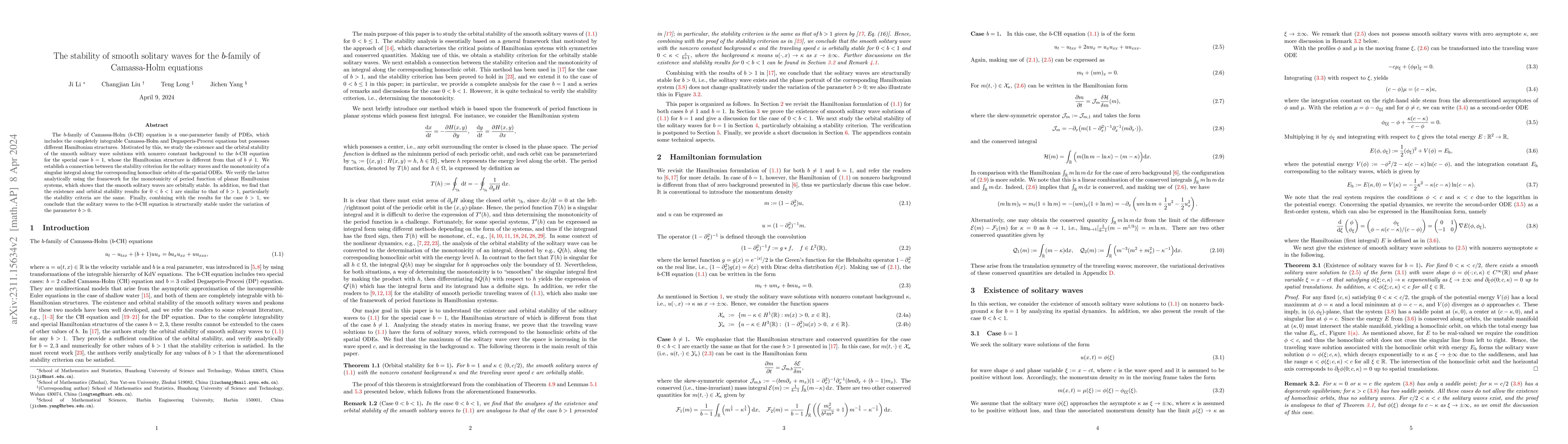Thumbnail for The stability of smooth solitary waves for the $b$-family of
  Camassa-Holm equations