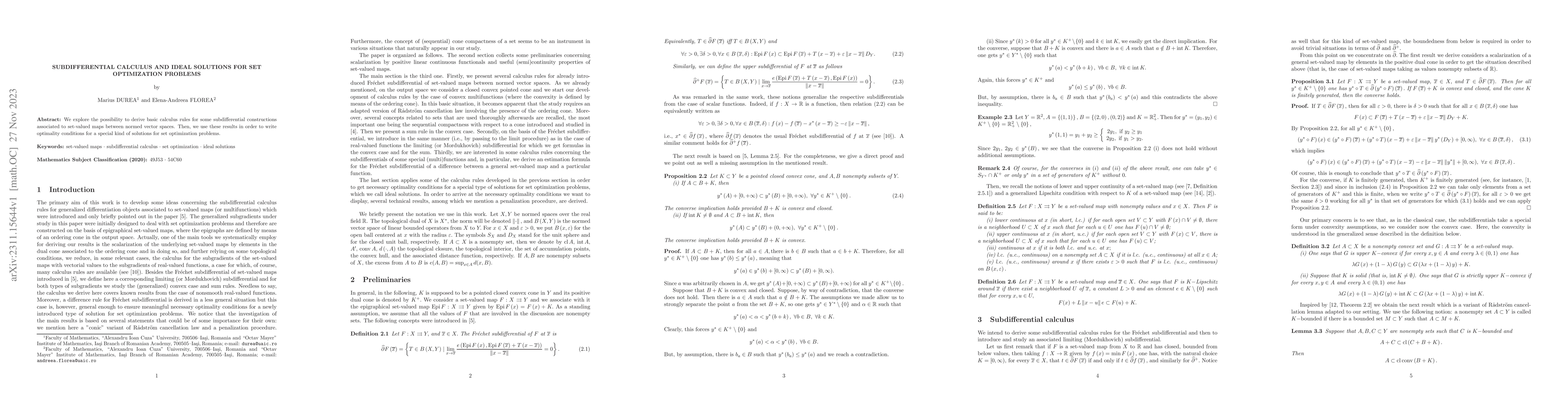 Thumbnail for Subdifferential calculus and ideal solutions for set optimization
  problems