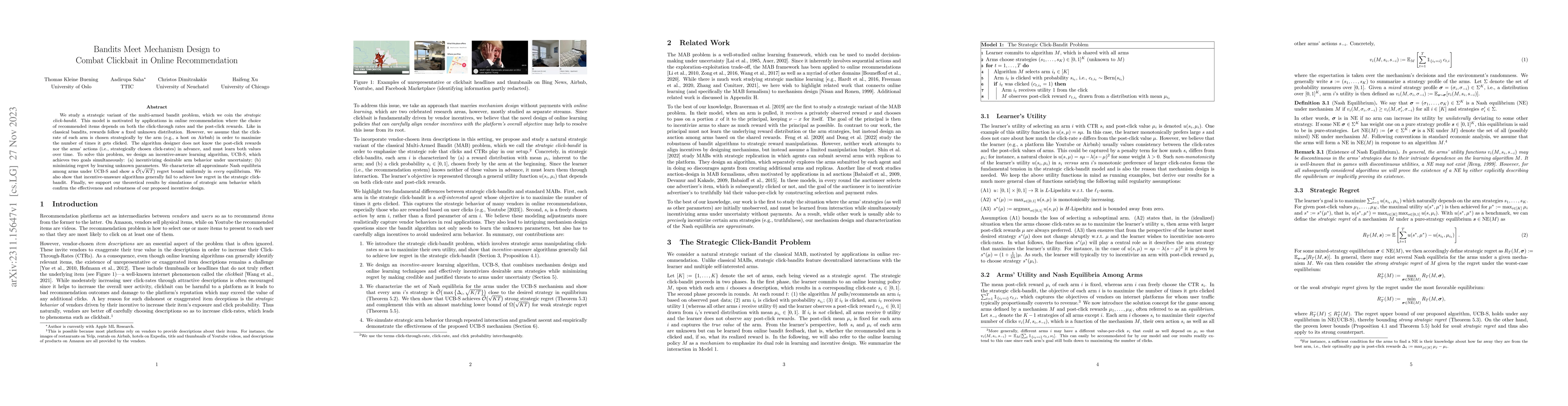 Thumbnail for Bandits Meet Mechanism Design to Combat Clickbait in Online
  Recommendation