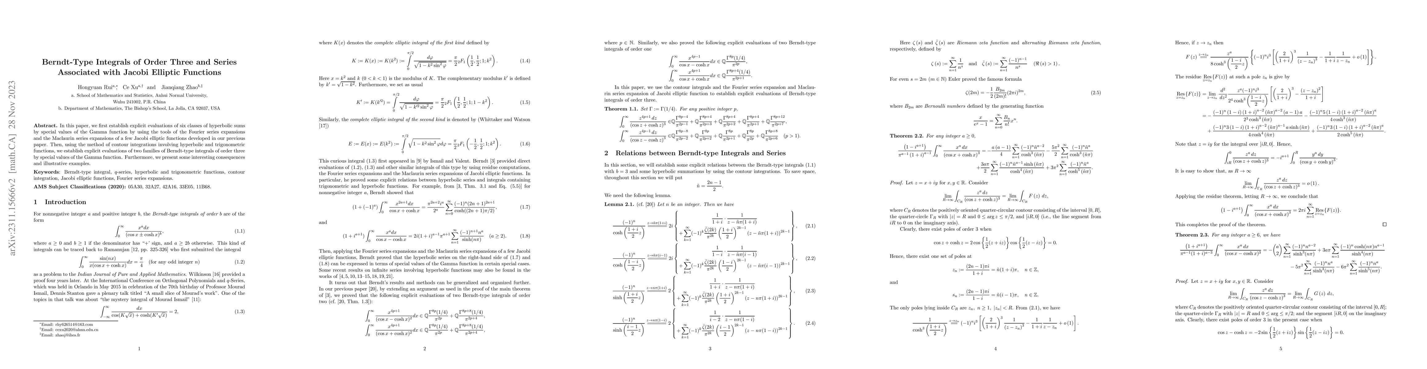 Thumbnail for Berndt-Type Integrals of Order Three and Series Associated with Jacobi
  Elliptic Functions