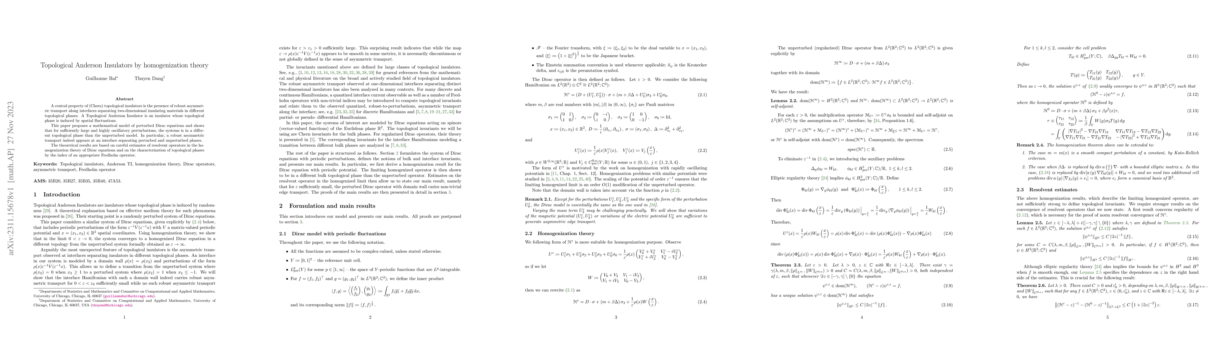 Thumbnail for Topological Anderson Insulators by homogenization theory