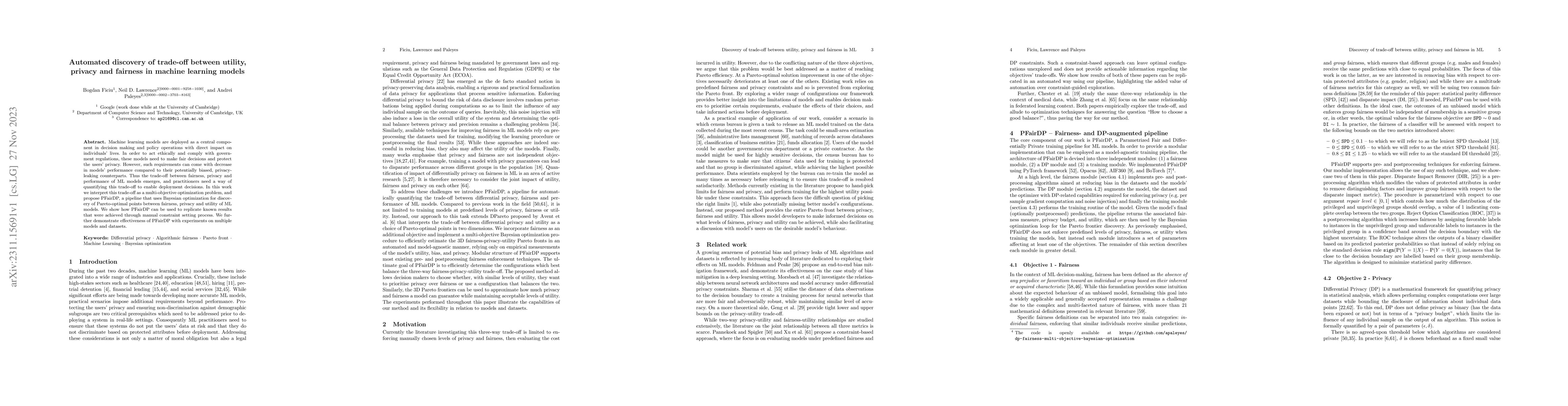 Thumbnail for Automated discovery of trade-off between utility, privacy and fairness
  in machine learning models