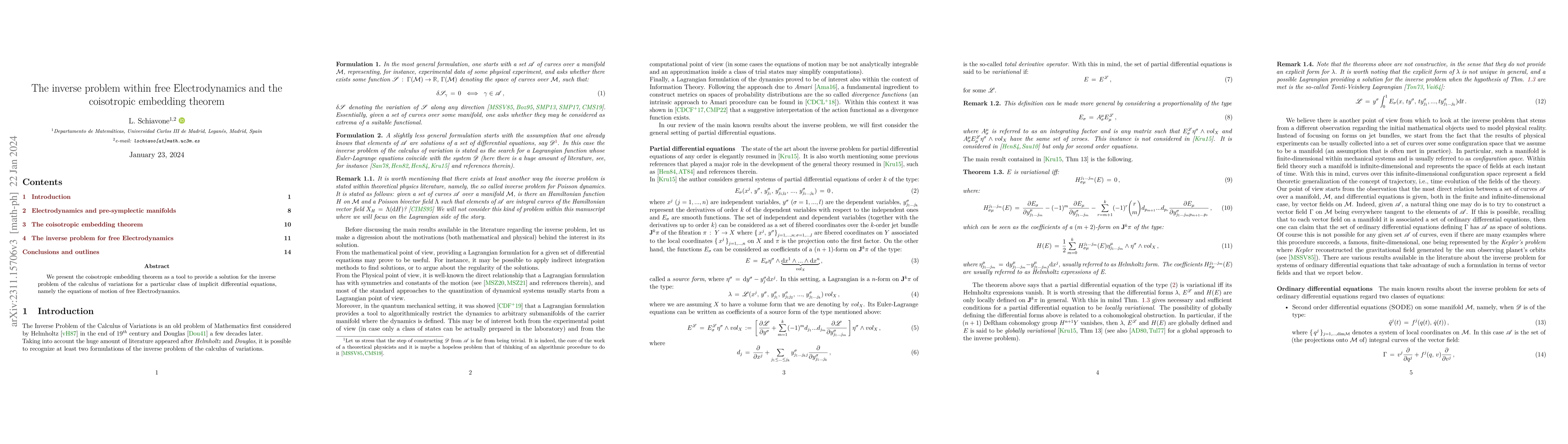 Thumbnail for The inverse problem within free Electrodynamics and the coisotropic
  embedding theorem