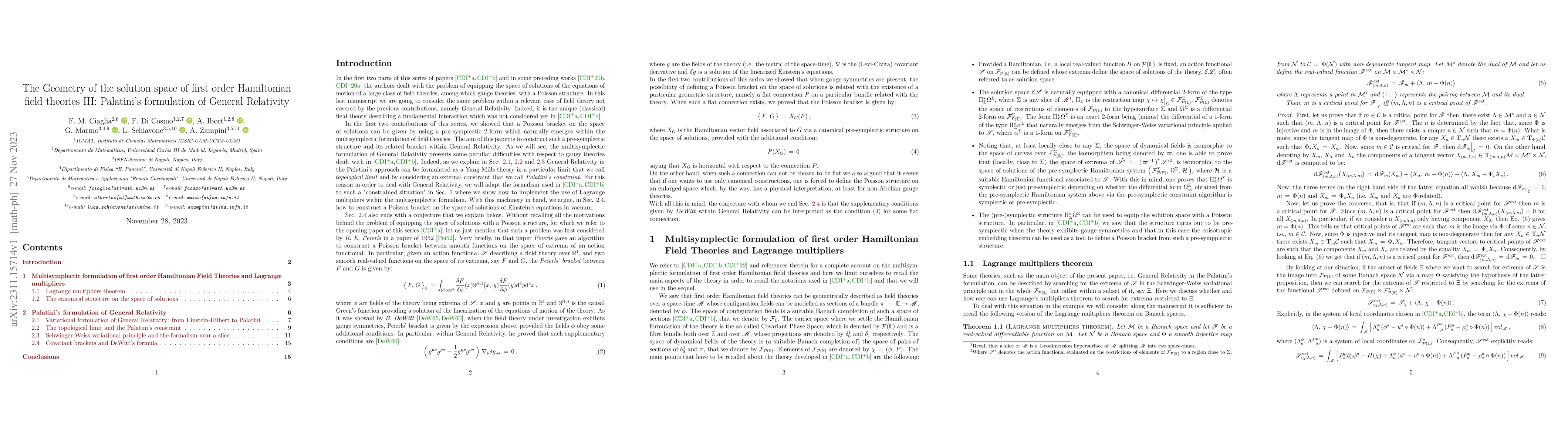 Thumbnail for The Geometry of the solution space of first order Hamiltonian field
  theories III: Palatini's formulation of General Relativity