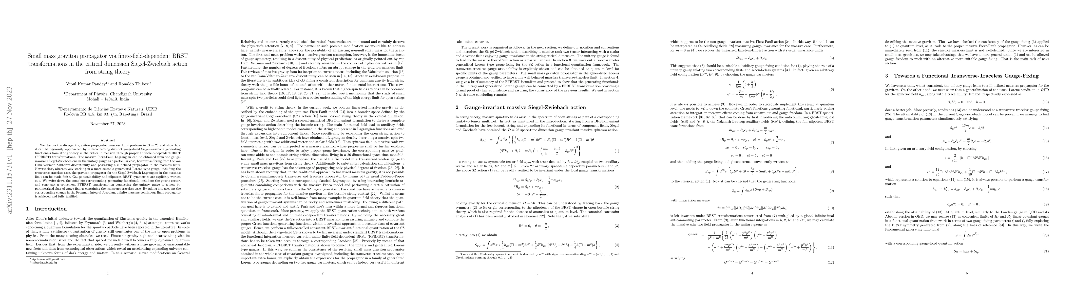 Thumbnail for Small mass graviton propagator via finite-field-dependent BRST
  transformations in the critical dimension Siegel-Zwiebach action from string
  theory