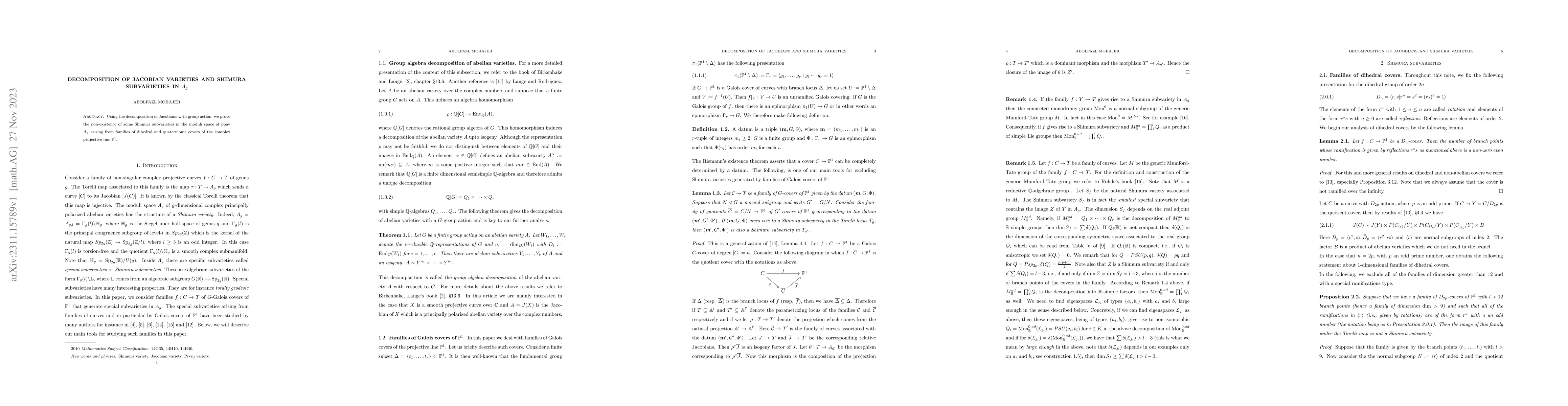 Thumbnail for Decomposition of Jacobian varieties and Shimura subvarieties in $A_g$