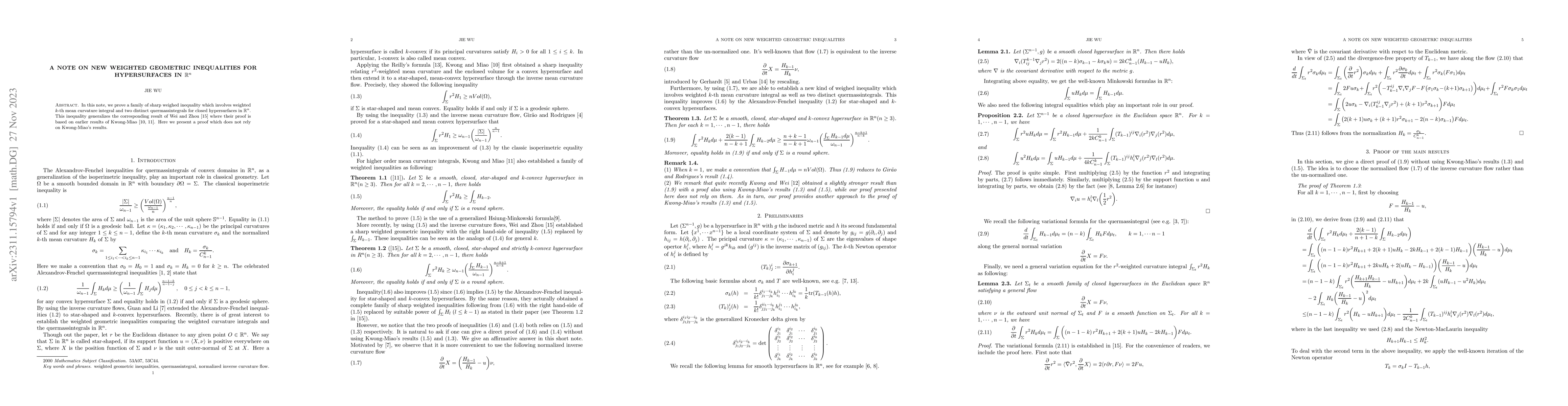 Thumbnail for A note on new weighted geometric inequalities for hypersurfaces in
  $\mathbb R^n$