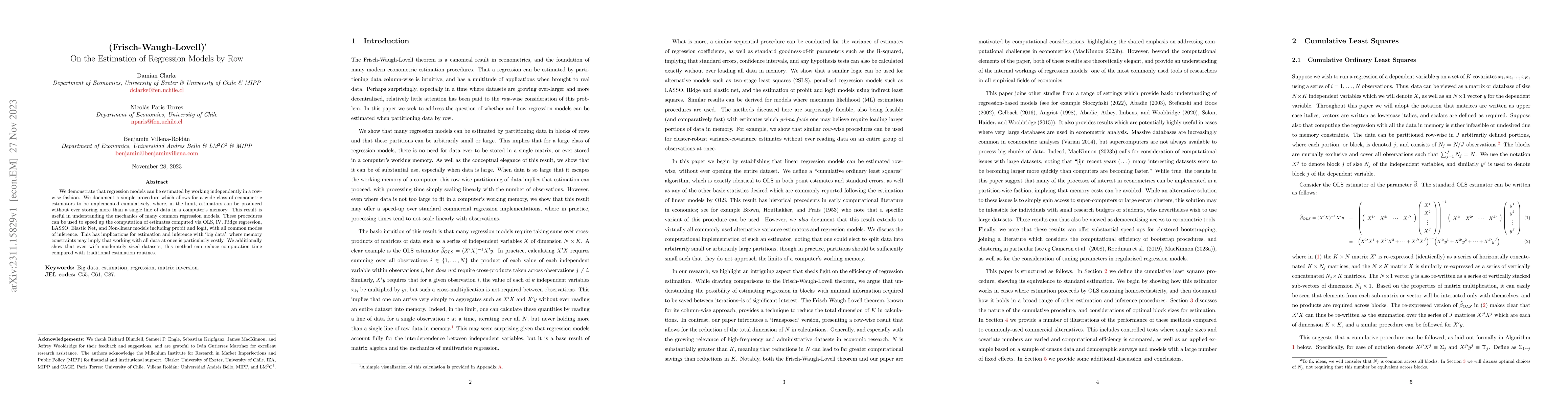 Thumbnail for (Frisch-Waugh-Lovell)': On the Estimation of Regression Models by Row