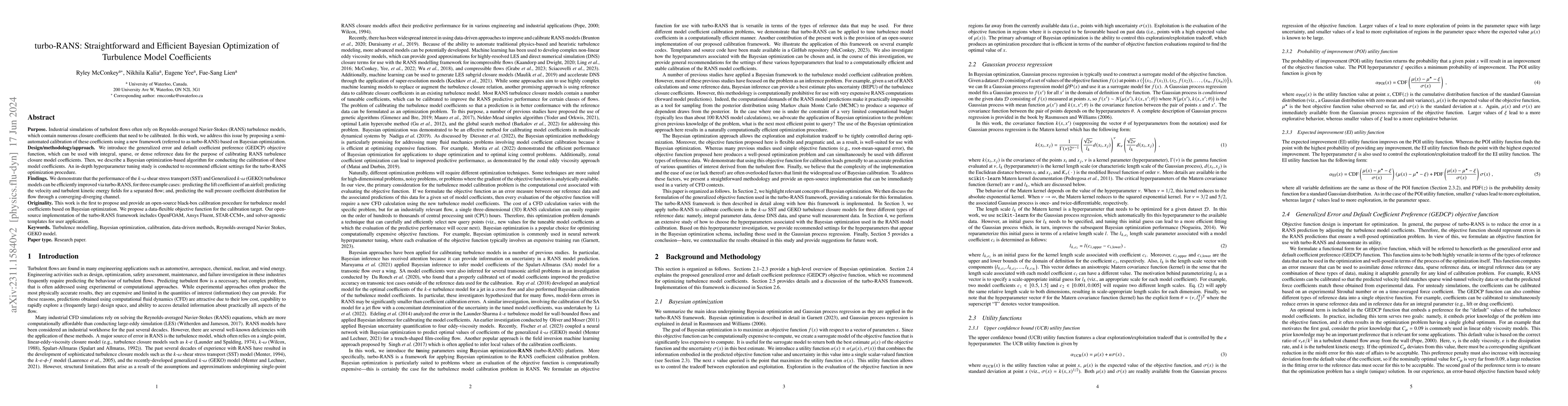 Thumbnail for turbo-RANS: Straightforward and Efficient Bayesian Optimization of
  Turbulence Model Coefficients