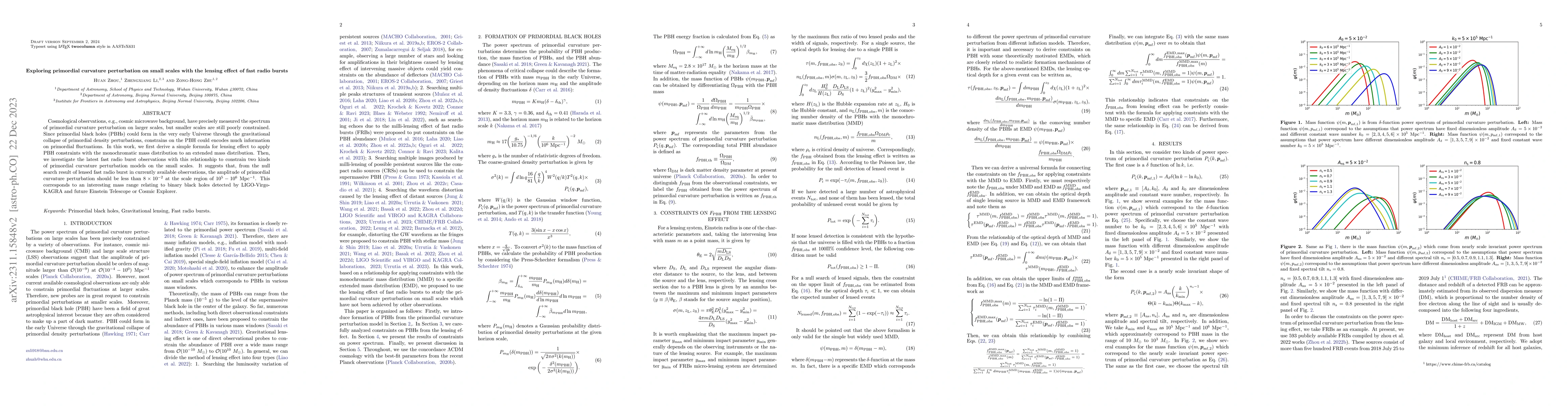 Thumbnail for Exploring primordial curvature perturbation on small scales with the
  lensing effect of fast radio bursts