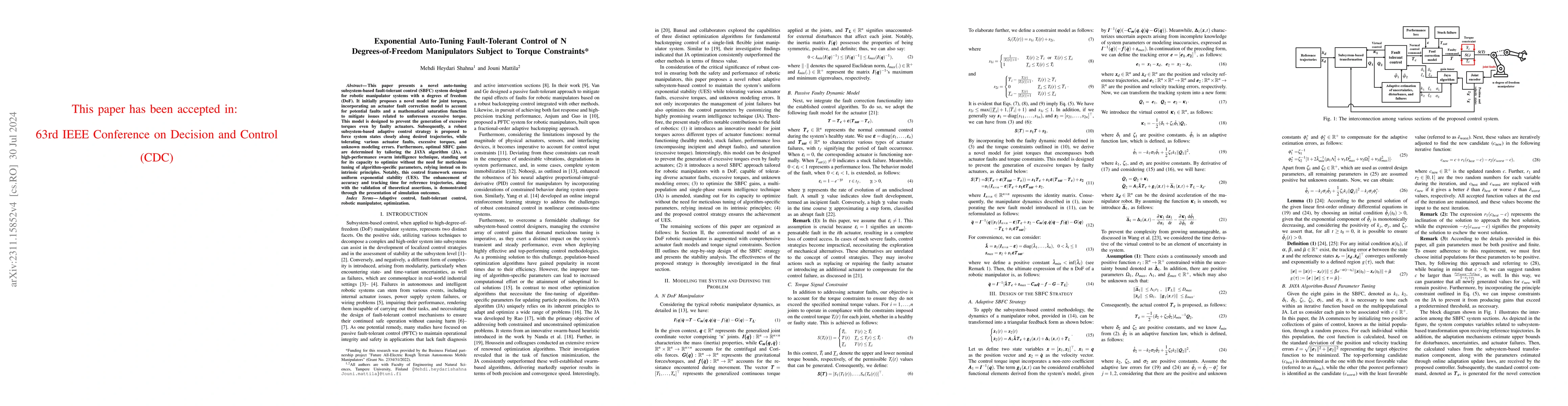 Thumbnail for Exponential Auto-Tuning Fault-Tolerant Control of N Degrees-of-Freedom
  Manipulators Subject to Torque Constraints