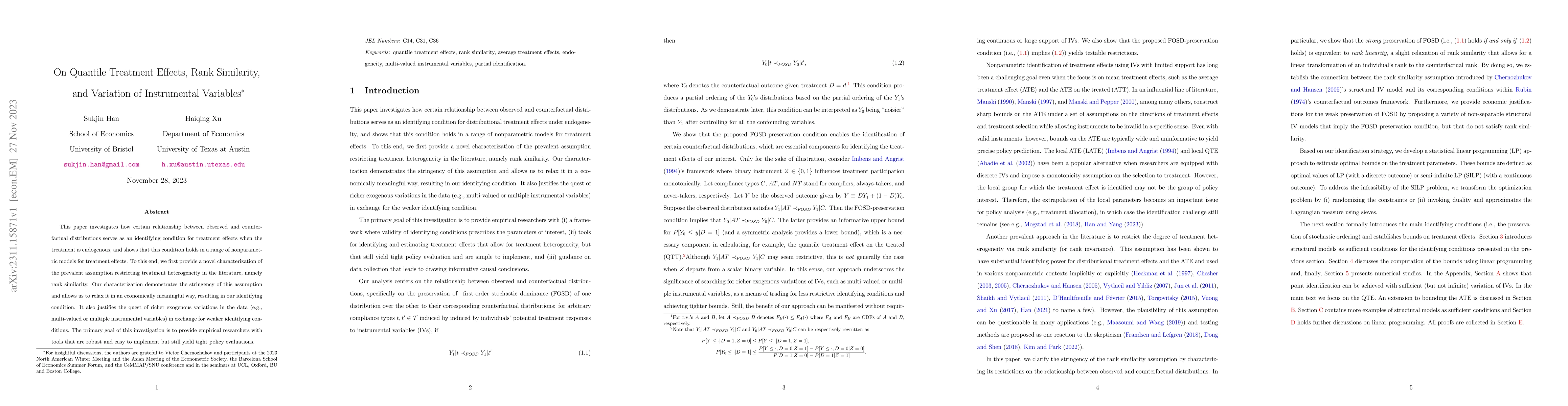 Thumbnail for On Quantile Treatment Effects, Rank Similarity, and Variation of
  Instrumental Variables