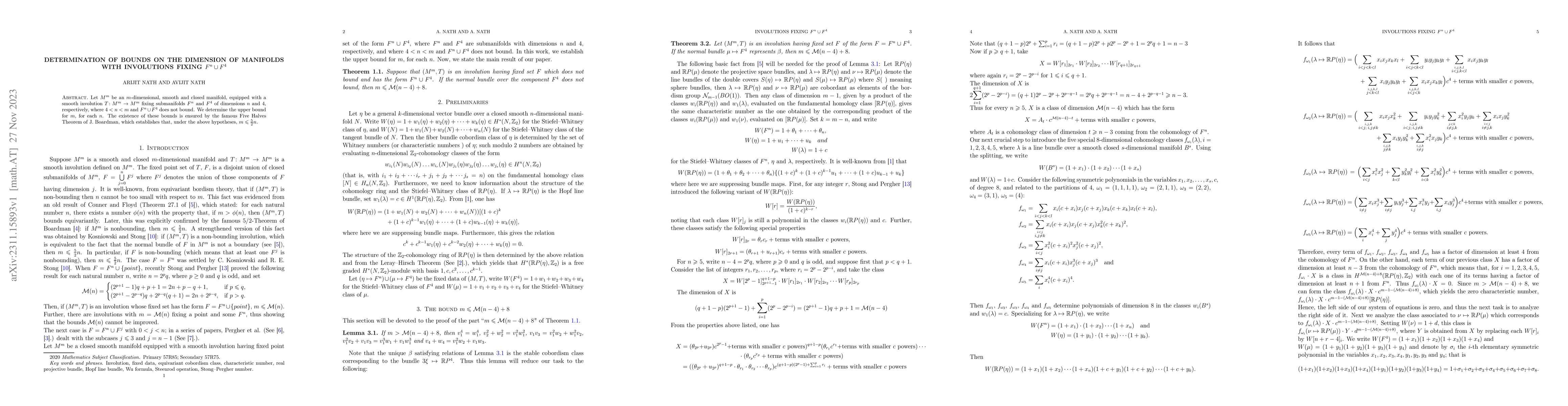 Thumbnail for Determination of bounds on the dimension of manifolds with involutions
  fixing $F^n\cup F^4$