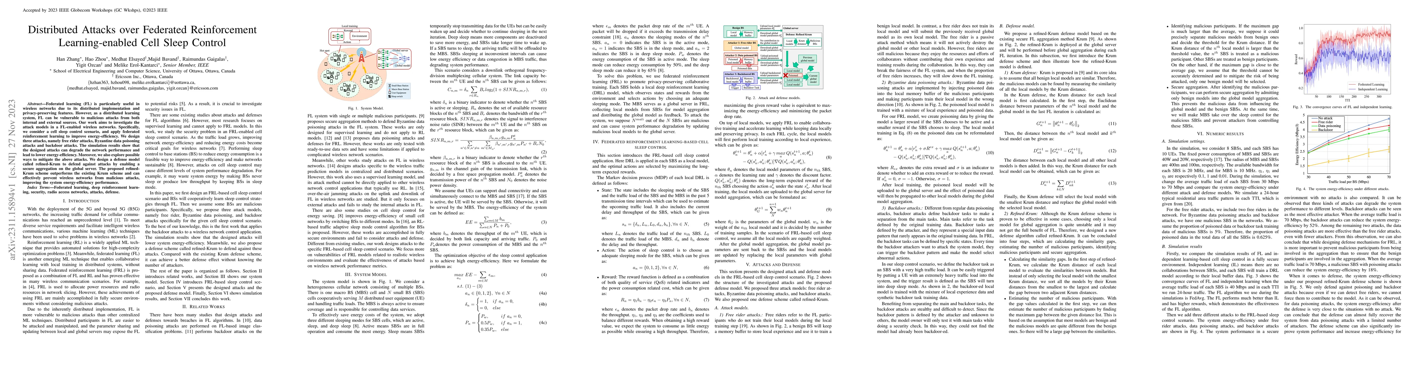 Thumbnail for Distributed Attacks over Federated Reinforcement Learning-enabled Cell
  Sleep Control