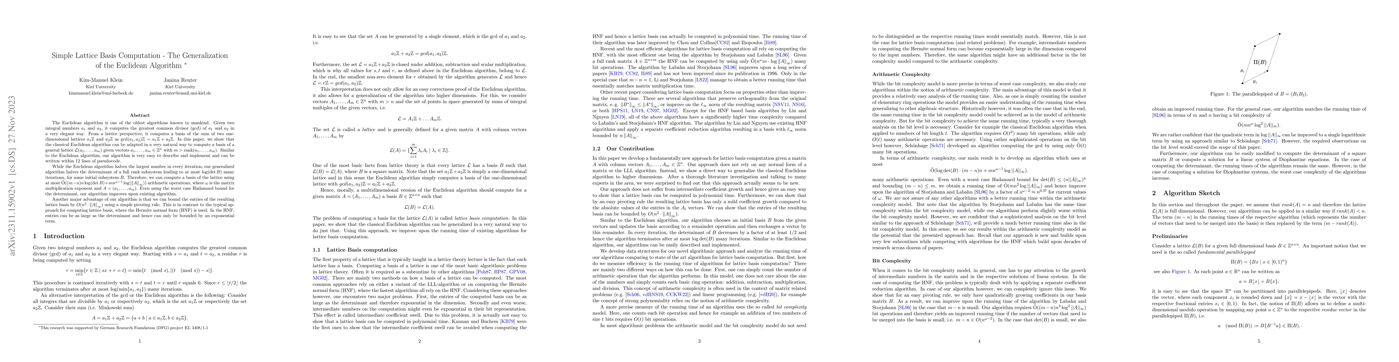Thumbnail for Simple Lattice Basis Computation -- The Generalization of the Euclidean
  Algorithm