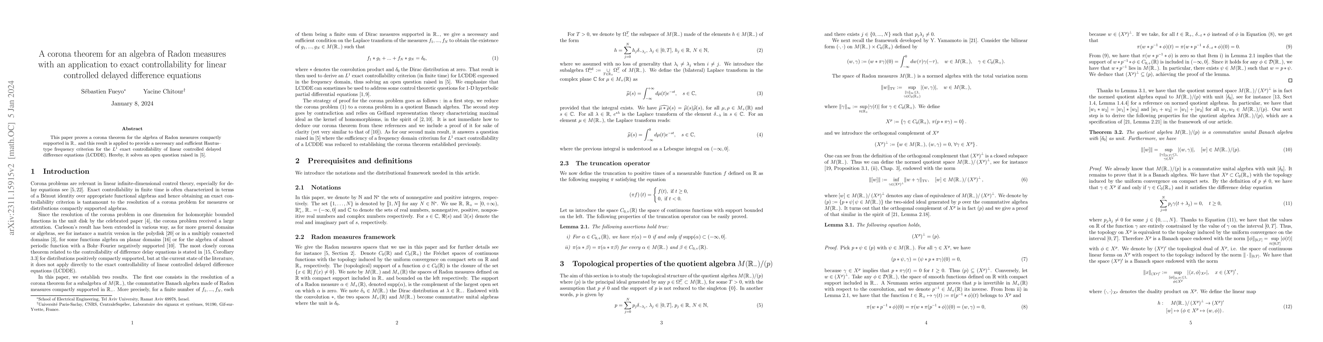 Thumbnail for A corona theorem for an algebra of Radon measures with an application to
  exact controllability for linear controlled delayed difference equations