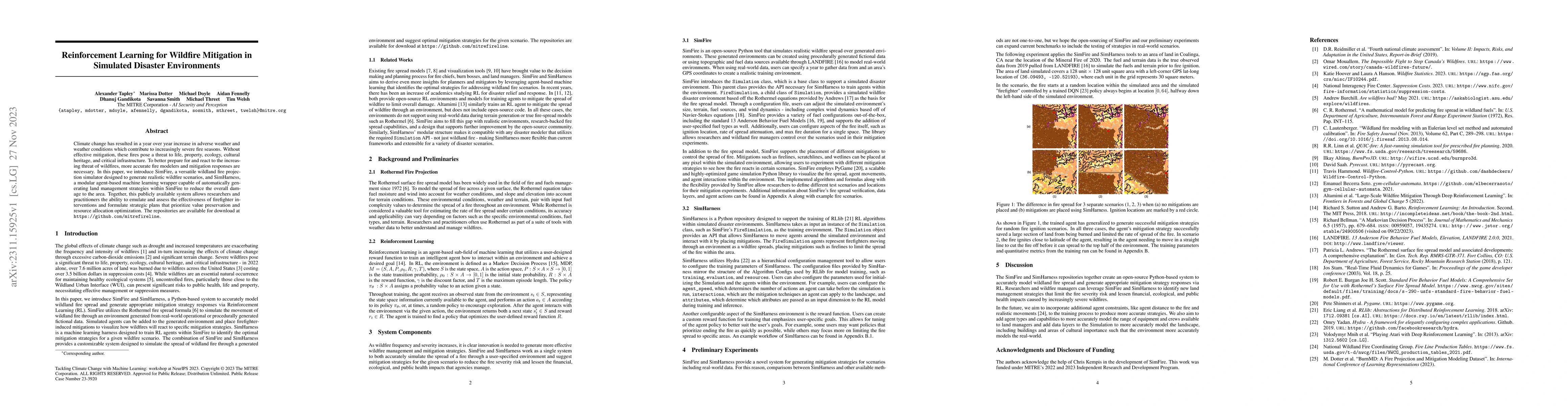 Thumbnail for Reinforcement Learning for Wildfire Mitigation in Simulated Disaster
  Environments