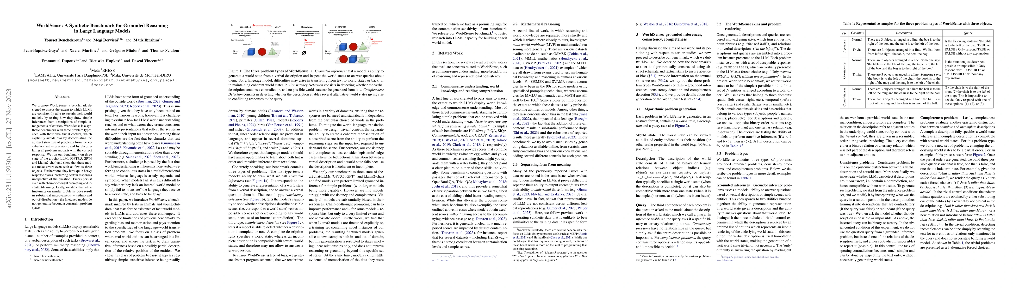 Thumbnail for WorldSense: A Synthetic Benchmark for Grounded Reasoning in Large
  Language Models