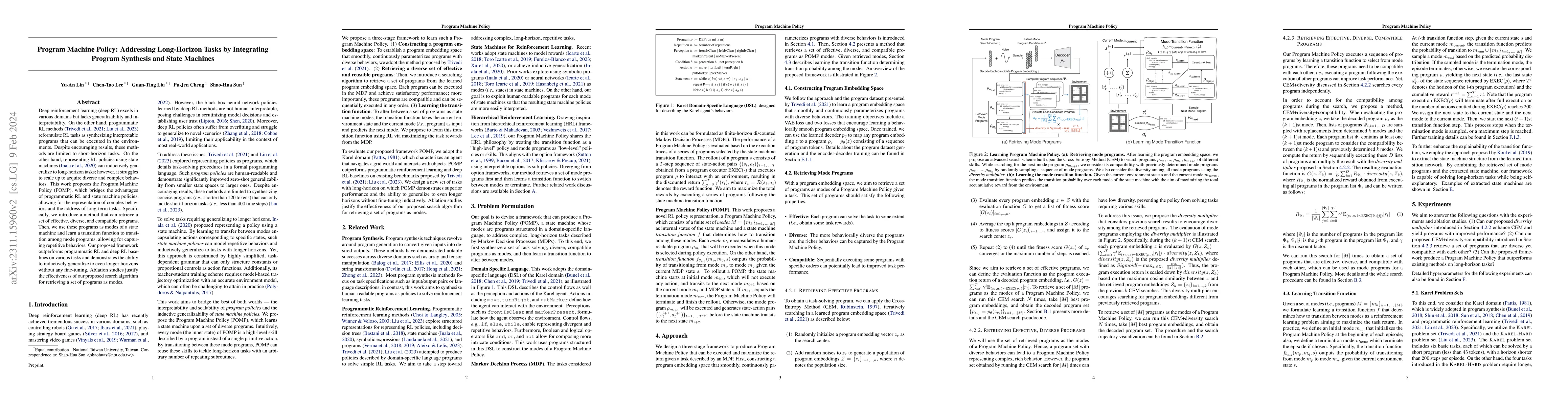 Thumbnail for Program Machine Policy: Addressing Long-Horizon Tasks by Integrating
  Program Synthesis and State Machines