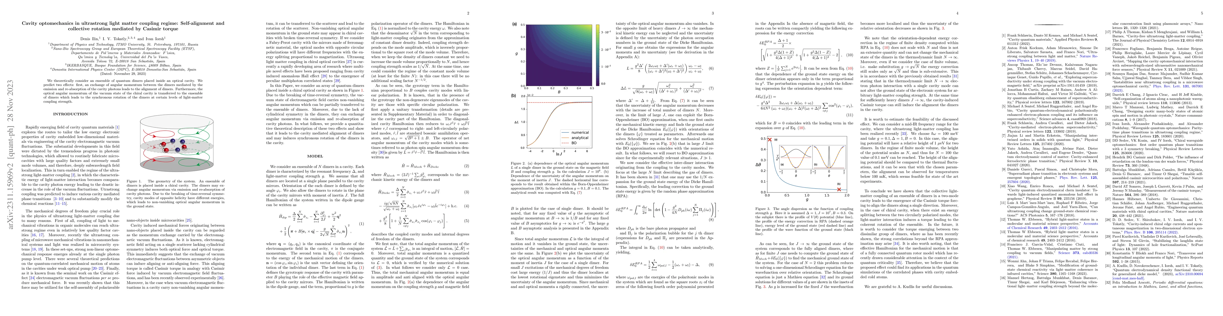 Thumbnail for Cavity optomechanics in ultrastrong light matter coupling regime:
  Self-alignment and collective rotation mediated by Casimir torque
