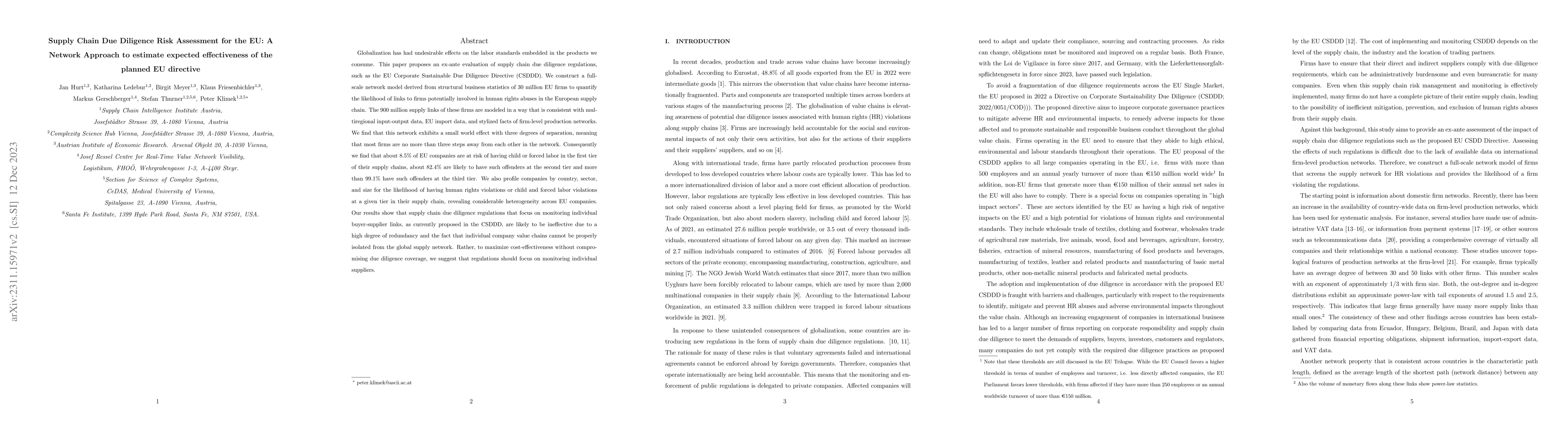 Thumbnail for Supply Chain Due Diligence Risk Assessment for the EU: A Network
  Approach to estimate expected effectiveness of the planned EU directive