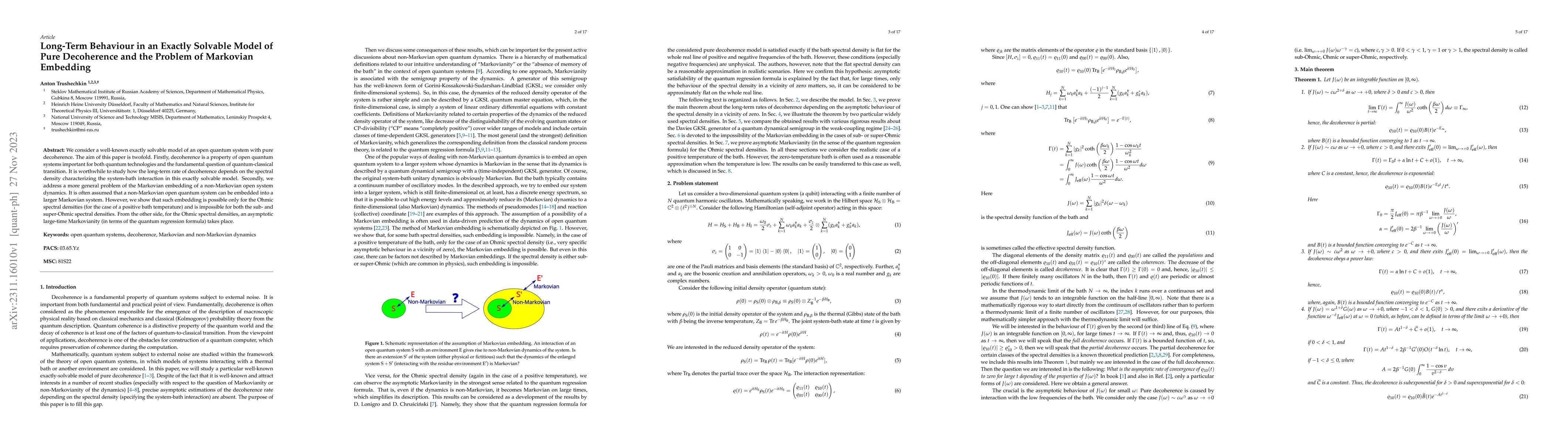 Thumbnail for Long-term behaviour in an exactly solvable model of pure decoherence and
  the problem of Markovian embedding