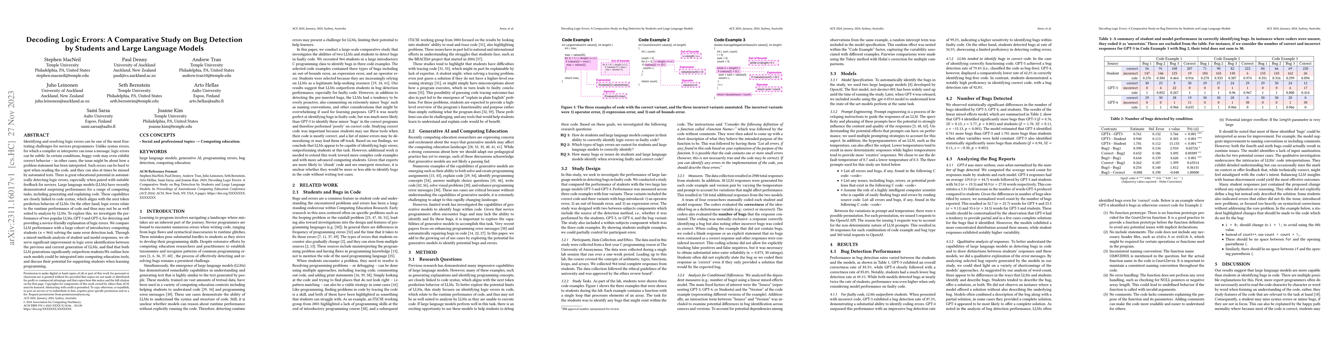 Thumbnail for Decoding Logic Errors: A Comparative Study on Bug Detection by Students
  and Large Language Models